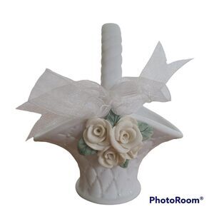 Vintage Capodimonte Style Mini Porcelain Yellow Roses Flower Basket Collectible